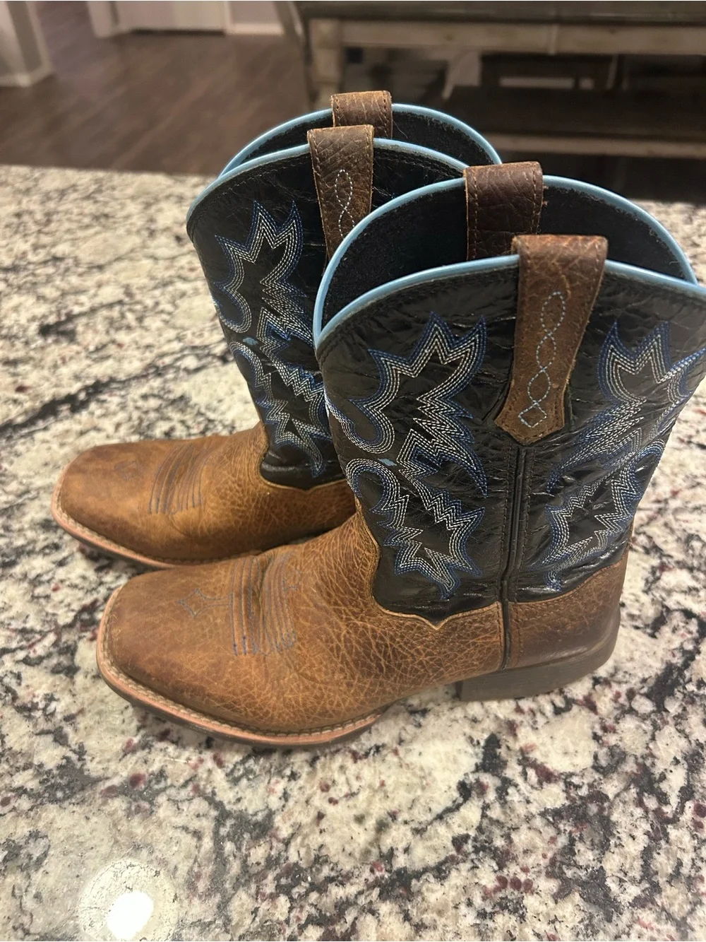 Ariat Brown and Black Western Cowboy Boots with Blue Stitching- 4Y